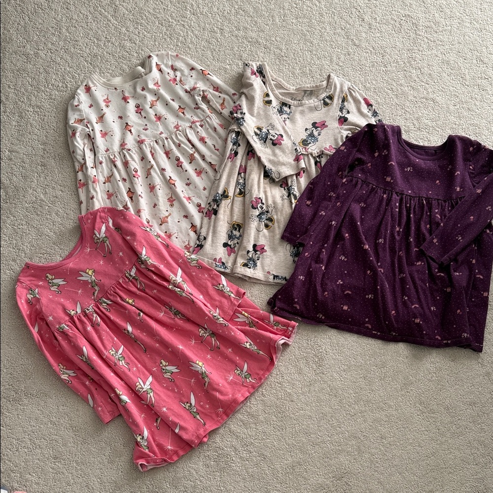 Set of Four Long Sleeve Dresses with Floral and Character Prints, Size 2-3T